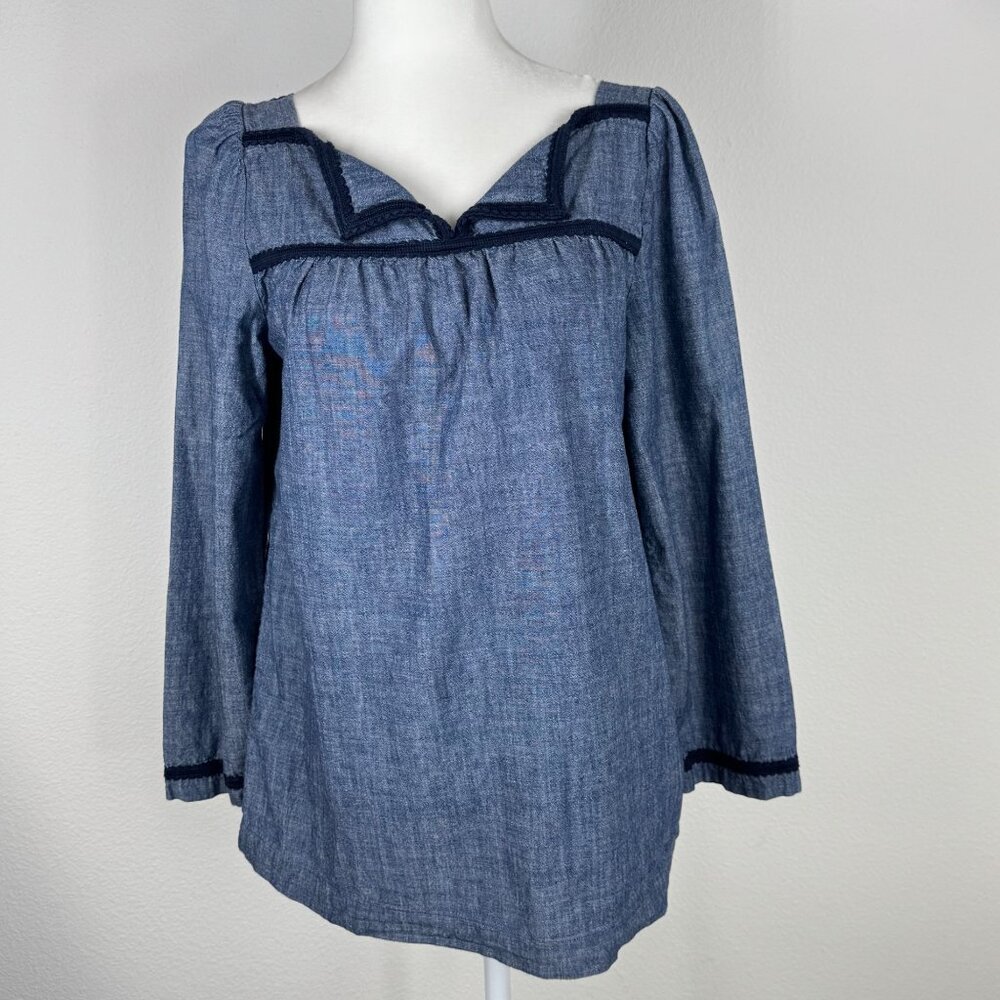 A.P.C. Rue Madame Paris Blue Blouse Embroidered Trim Size 36 (6) Notch Neck